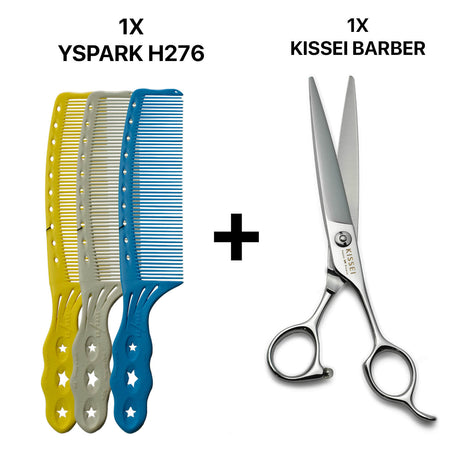 peignes de coupe homme yspark h276 associé avec une paire de ciseaux kissei barber pour coupeur homme