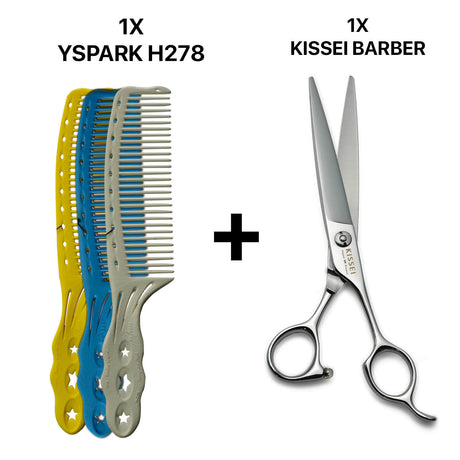 peignes de coupe homme yspark h278 associé avec une paire de ciseaux coiffure professionnelle kissei barber