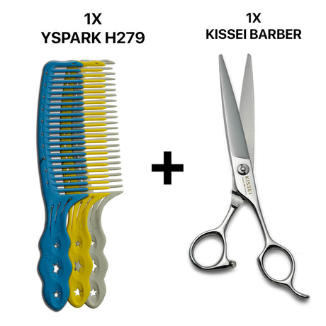 peignes de coupe homme yspark h279 associé avec les ciseaux de coiffure japonais kissei barber. 