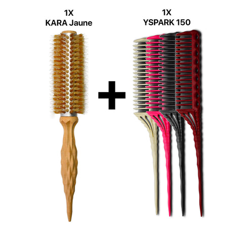 brosse ronde kara jaune en poil de sanglier et peigne à crêper yspark 150