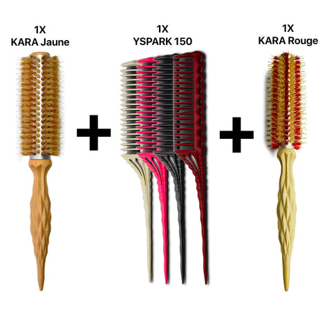 brosse ronde kara jaune en poil de sanglier et peigne à crêper yspark 150 associé avec une brosse ronde kara poil rouge red