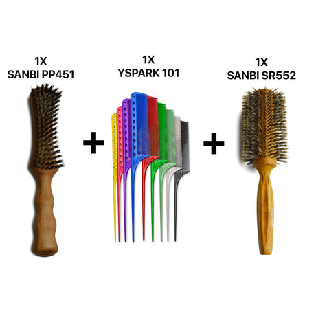 brosse plate sanbi pp451 associé avec un peigne yspark 101 à queue et une brosse ronde sanbi sr 552