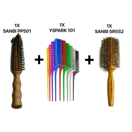 brosse plate sanbi pp501 associé avec un peigne yspark 101 à queue et une brosse ronde sanbi sr 552