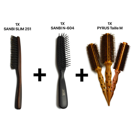 brosse plate à crêper sanbi slim 251 associé avec une brosse plate sanbi n-604 et une brosse ronde pyrus en poil de sanglier 