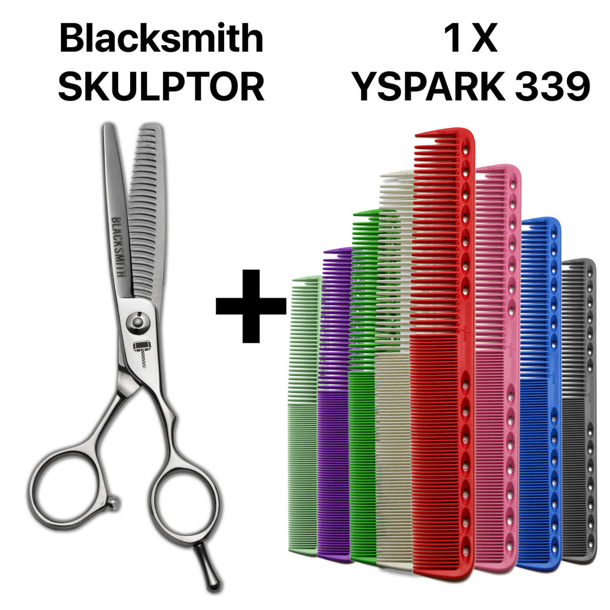 Duo technique pour coiffeurs : ciseaux de coiffure sculpteurs Blacksmith SKULPTOR japonais + peigne Y.S.PARK 339, alliant performance et légèreté.
