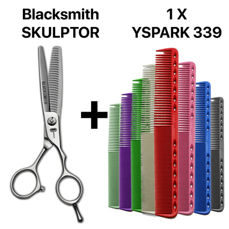 Duo technique pour coiffeurs : ciseaux de coiffure sculpteurs Blacksmith SKULPTOR japonais + peigne Y.S.PARK 339, alliant performance et légèreté.