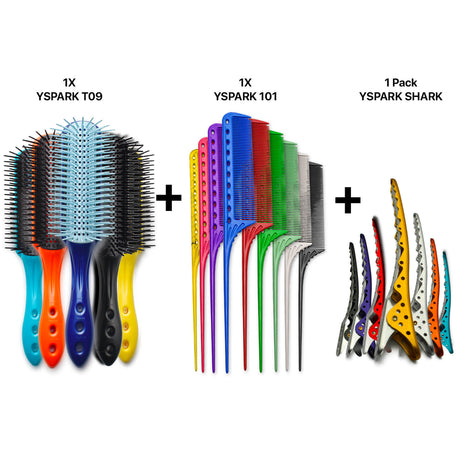brosse plate synthétique yspark t9 associé avec des peignes techniques yspark 101 et des pinces yspark shark 