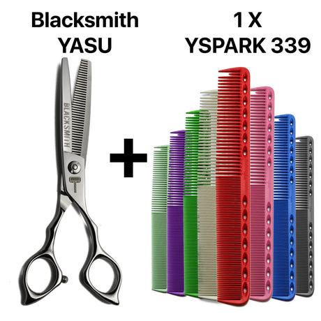 Ciseaux japonais désépaisissant Blacksmith YASU avec peigne Y.S.PARK 339 , pour un contrôle optimal du cheveu et des séparations nettes.