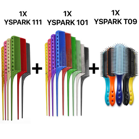 peigne à queue yspark 111 associé avec les peignes techniques yspark 101 et les brosses yspark t09