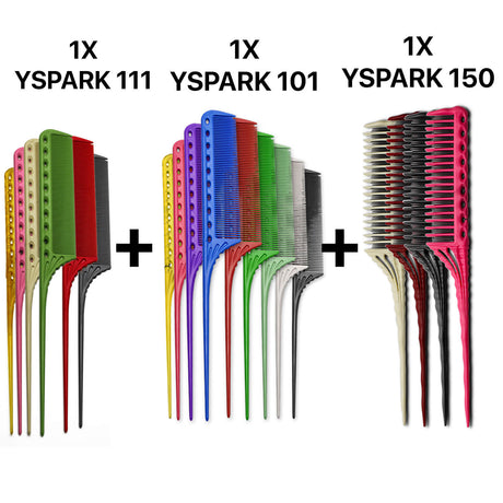 peigne à queue yspark 111 associé avec les peignes techniques yspark 101 et les peignes à crêper yspark 150