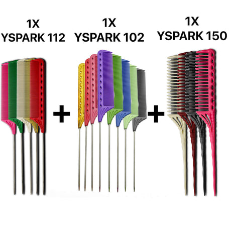 peigne à queue yspark 112 associé avec les peignes techniques yspark 102 et les peignes à crêper yspark 150