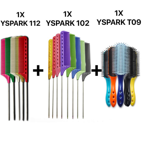 peigne à queue yspark 112 associé avec les peignes techniques yspark 102 et les brosses yspark t09