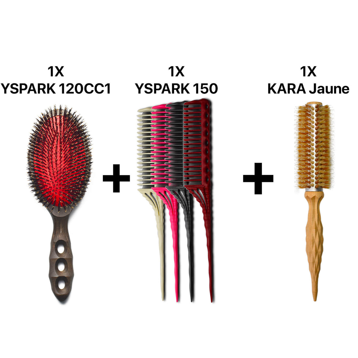 brosse plate yspark tortoise 120cc1 associé avec un ensemble de peigne à crêper yspark 150 et une brosse ronde kara jaune 