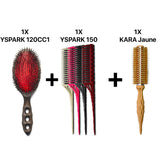 brosse plate yspark tortoise 120cc1 associé avec un ensemble de peigne à crêper yspark 150 et une brosse ronde kara jaune 
