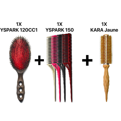 brosse plate yspark tortoise 120cc1 associé avec un ensemble de peigne à crêper yspark 150 et une brosse ronde kara jaune 