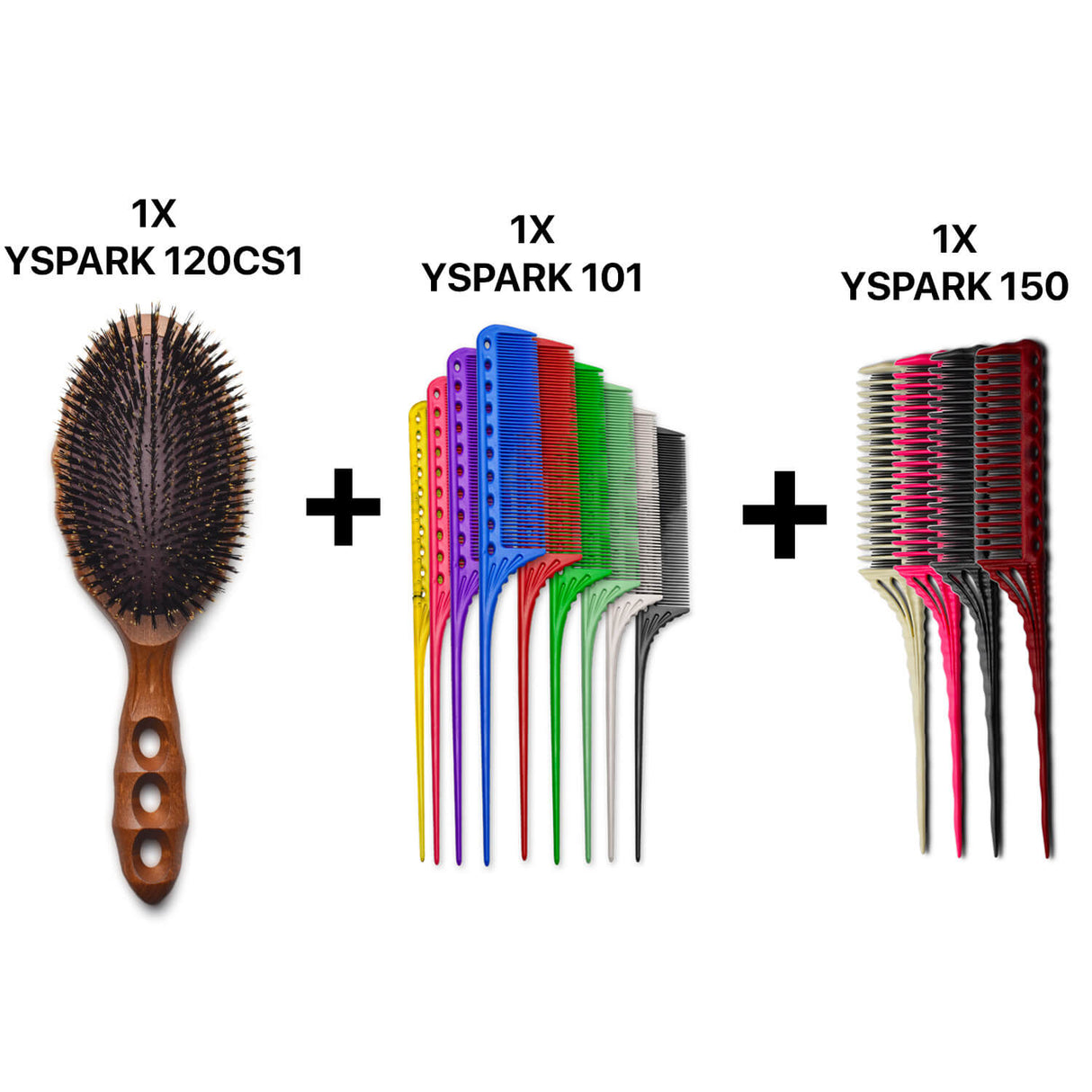 brosse plate tortoise à coussin yspark 120cs1 avec un peigne technique yspark 101 et un peigne à crêper yspark 150