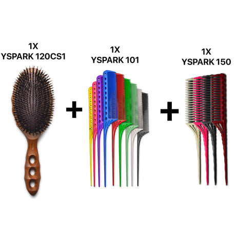brosse plate tortoise à coussin yspark 120cs1 avec un peigne technique yspark 101 et un peigne à crêper yspark 150