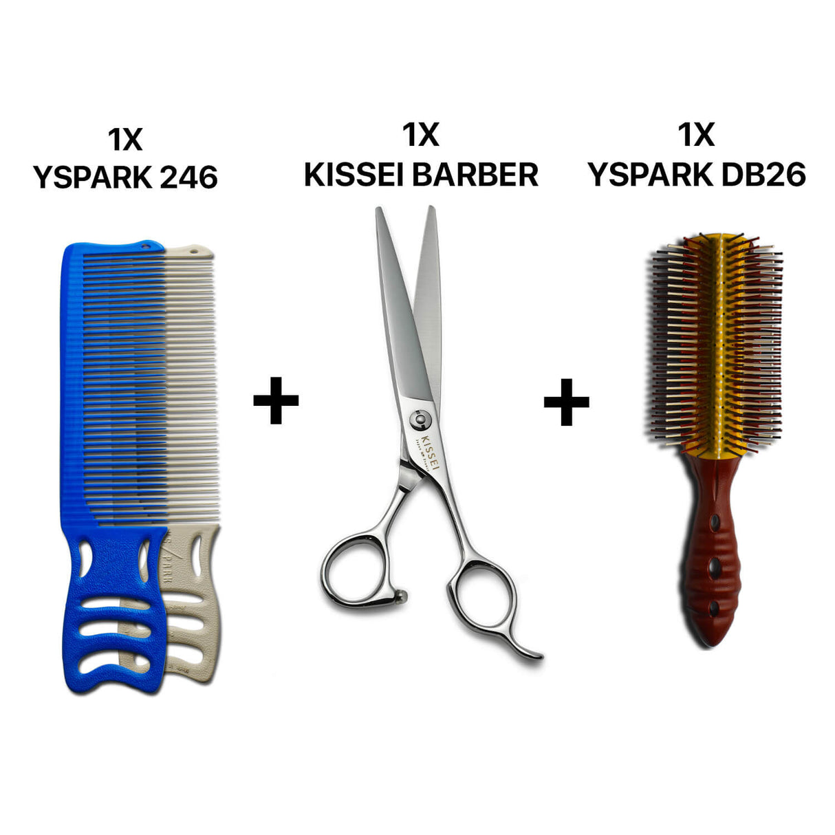 peigne yspark barber H239 associé avec une paire de ciseaux de coiffure KISSEI BARBER et une brosse yspark db26 choco