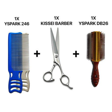 peigne yspark barber H239 associé avec une paire de ciseaux de coiffure KISSEI BARBER et une brosse yspark db26 choco