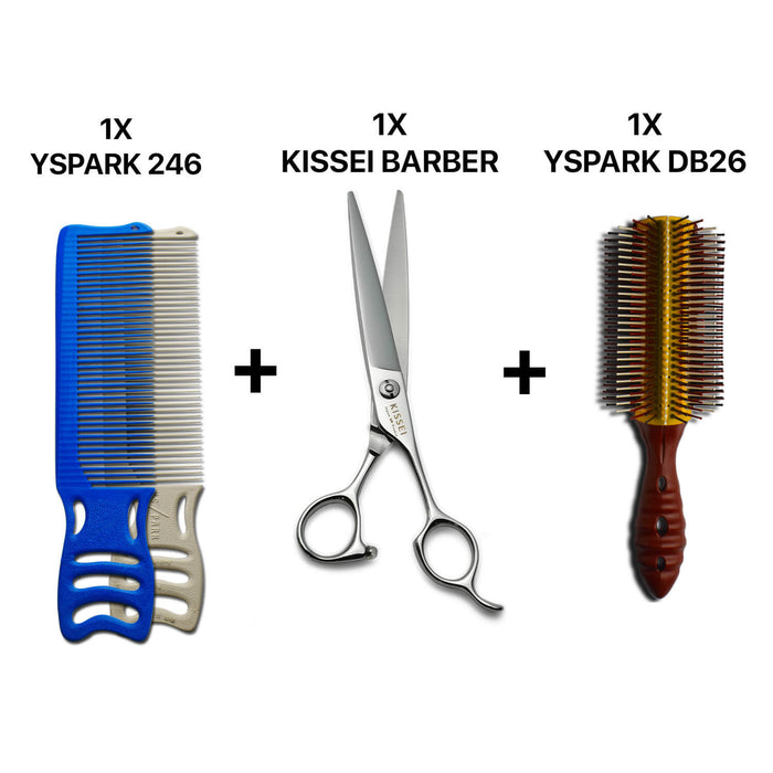 peigne yspark barber H239 associé avec une paire de ciseaux de coiffure KISSEI BARBER et une brosse yspark db26 choco