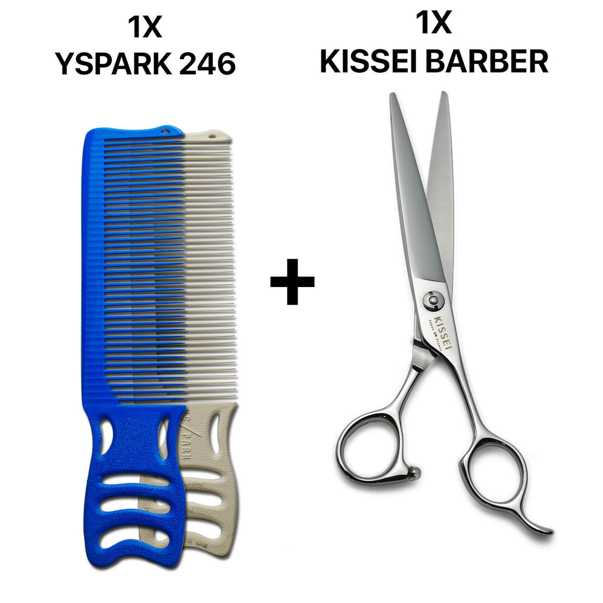 peigne yspark barber 246 associé avec une paire de ciseaux de coiffure KISSEI BARBER