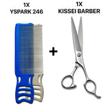 peigne yspark barber 246 associé avec une paire de ciseaux de coiffure KISSEI BARBER