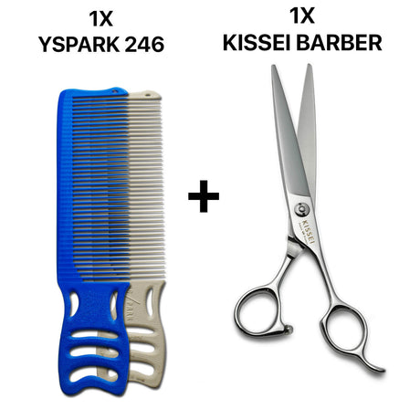 peigne yspark barber 246 associé avec une paire de ciseaux de coiffure KISSEI BARBER