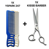 peigne yspark barber 247 associé avec une paire de ciseaux de coiffure KISSEI BARBER