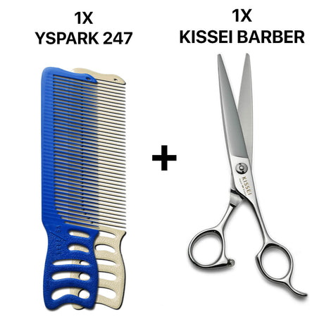 peigne yspark barber 247 associé avec une paire de ciseaux de coiffure KISSEI BARBER