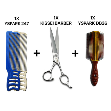 peigne yspark barber 247 associé avec une paire de ciseaux de coiffure KISSEI BARBER et une brosse plate yspark db26 