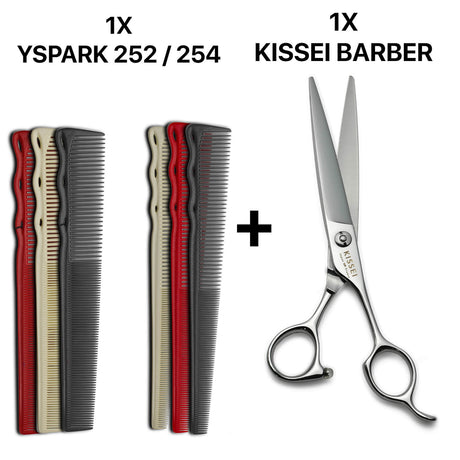 peigne yspark barber 252 associé avec une paire de ciseaux de coiffure KISSEI BARBER