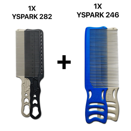 peigne yspark barber 282 associé avec un peigne yspark mambo 246 blanc et bleu