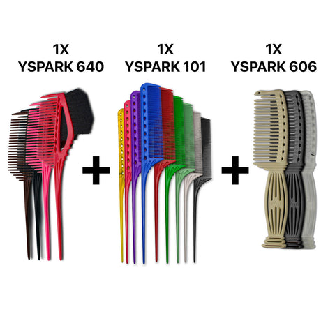 Peigne pinceaux YSPARK 640 associé avec un peigne technique à queue YSPARK 101et un démêloir YSPARK 606
