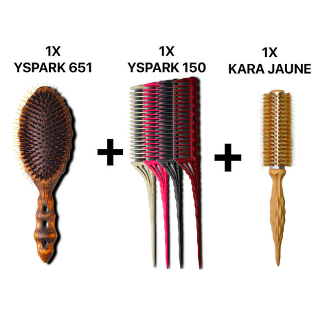 brosse plate yspark tortoise 120cc1 associé avec un ensemble de peigne à crêper yspark 150 et une brosse ronde kara jaune