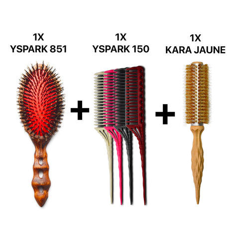 brosse plate yspark tortoise 120cc1 associé avec un ensemble de peigne à crêper yspark 150 et une brosse ronde kara jaune