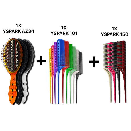 brosse paddle plate yspark az34 associé avec un peigne à queue yspark 101 et un peigne yspark 150 à crêper 