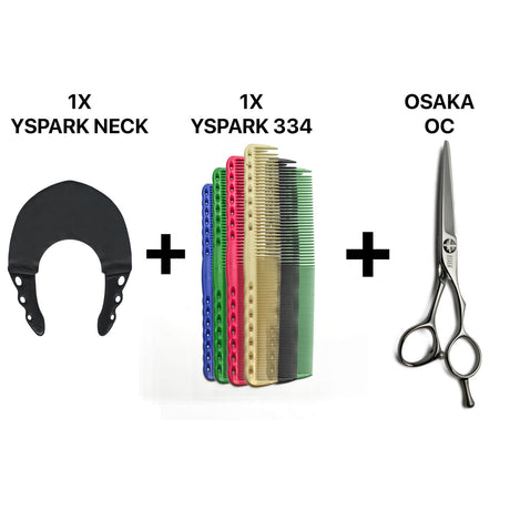 Cape de coupe neck fitter yspark associé avec un peigne de coupe YSPARK 334 et une paire de ciseaux de coiffure osaka oc