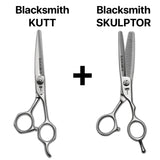 Kit de ciseaux de coiffure ergonomiques japonais : lame droite de coupe Blacksmith KUTT  et effileurs sculpteurs Skulptor pour un contrôle parfait.