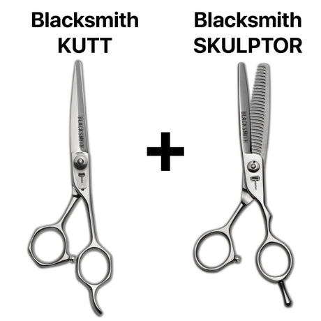 Kit de ciseaux de coiffure ergonomiques japonais : lame droite de coupe Blacksmith KUTT  et effileurs sculpteurs Skulptor pour un contrôle parfait.