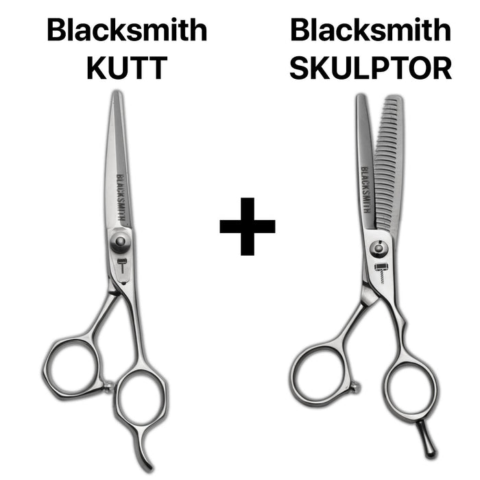 Kit de ciseaux de coiffure ergonomiques japonais : lame droite de coupe Blacksmith KUTT  et effileurs sculpteurs Skulptor pour un contrôle parfait.