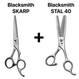 Pack complet de ciseaux de coiffure japonais comprenant coupe droite blacksmith skarp et sculpteurs texturisants blacksmith stal 40, pour une finition douce et fluide. 