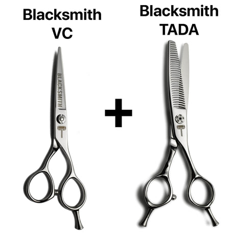 Pack complet de ciseaux de coiffure japonais Blacksmith VC comprenant coupe droite et sculpteurs texturisants Blacksmith TADA, pour une finition douce et fluide.