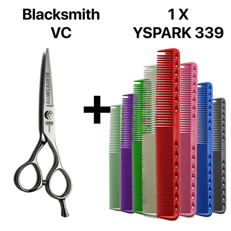 Ciseaux de coiffure ergonomiques Blacksmith VC associés au peigne de coupe Y.S.PARK 339, pour un résultat précis et homogène.