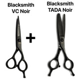 Duo de ciseaux japonais Blacksmith VC Noir : un modèle droit de coupe et des ciseaux sculpteurs professionnels Blacksmith TADA Noir  pour un travail complet. 