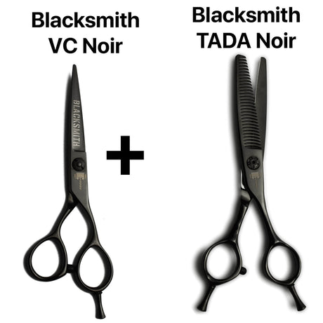 Duo de ciseaux japonais Blacksmith VC Noir : un modèle droit de coupe et des ciseaux sculpteurs professionnels Blacksmith TADA Noir  pour un travail complet. 