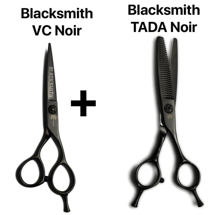Duo de ciseaux japonais Blacksmith VC Noir : un modèle droit de coupe et des ciseaux sculpteurs professionnels Blacksmith TADA Noir  pour un travail complet. 