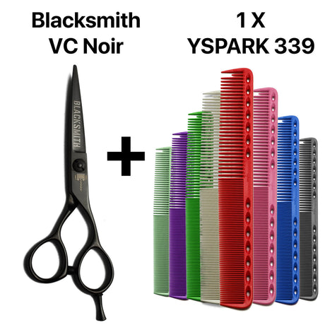 Duo technique pour coiffeurs : ciseaux de coiffure droits japonais Blacksmith VC Noir + peigne Y.S.PARK 339, alliant performance et légèreté.