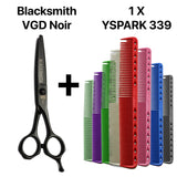 Pack japonais premium : ciseaux de coupe professionnels Blacksmith VGD Noir  + peigne Y.S.PARK 339, référence des peignes ergonomiques.