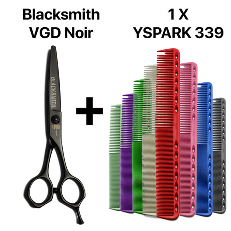 Pack japonais premium : ciseaux de coupe professionnels Blacksmith VGD Noir  + peigne Y.S.PARK 339, référence des peignes ergonomiques.