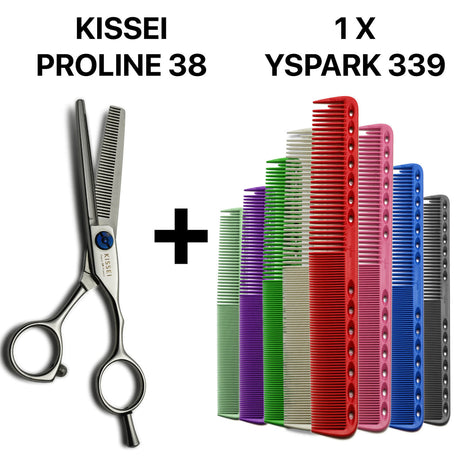 Ciseaux japonais à désépaissir Kissei Proline 38 avec peigne Y.S.PARK 339 , pour un contrôle optimal du cheveu et des séparations nettes.